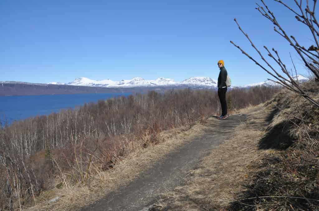 Meer mit Häusern im Vordergrund und schneebedeckten Bergen im Hintergrund. Fotografiert in Narvik.
